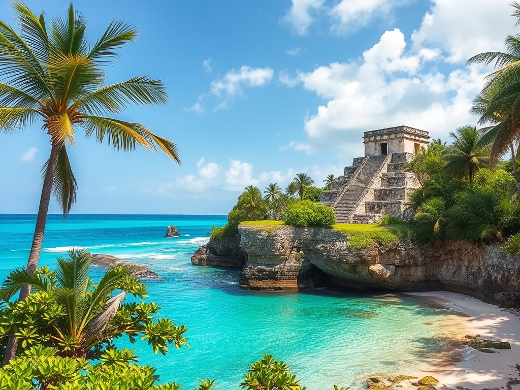 tulum ruins overlooking turquoise caribbean beach mexico palm trees cliffs