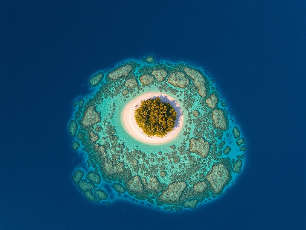 aerial view of small tropical island surrounded by vibrant coral reefs