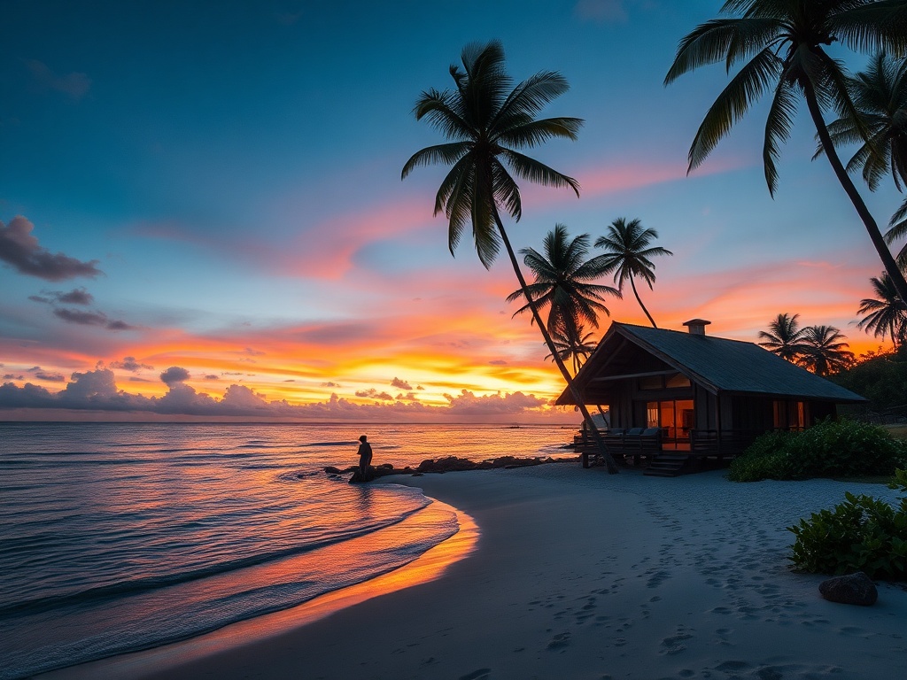 eco-lodge on a secluded tropical beach at sunset
