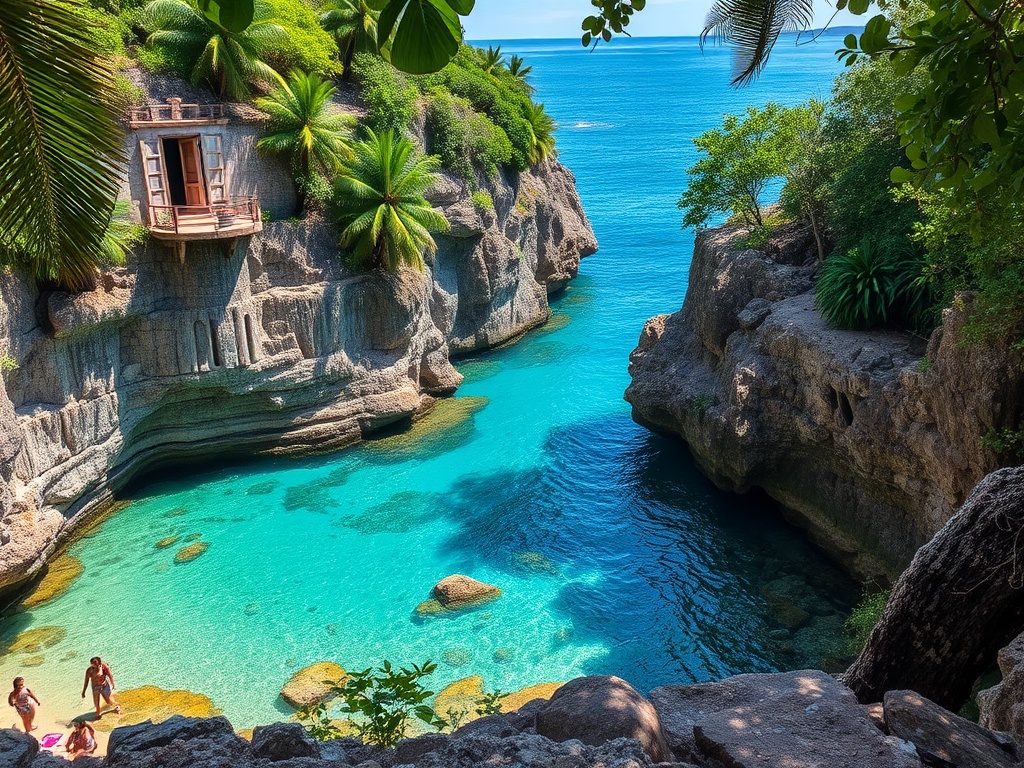 hidden beach cove with rocky cliffs, clear water, and tropical foliage