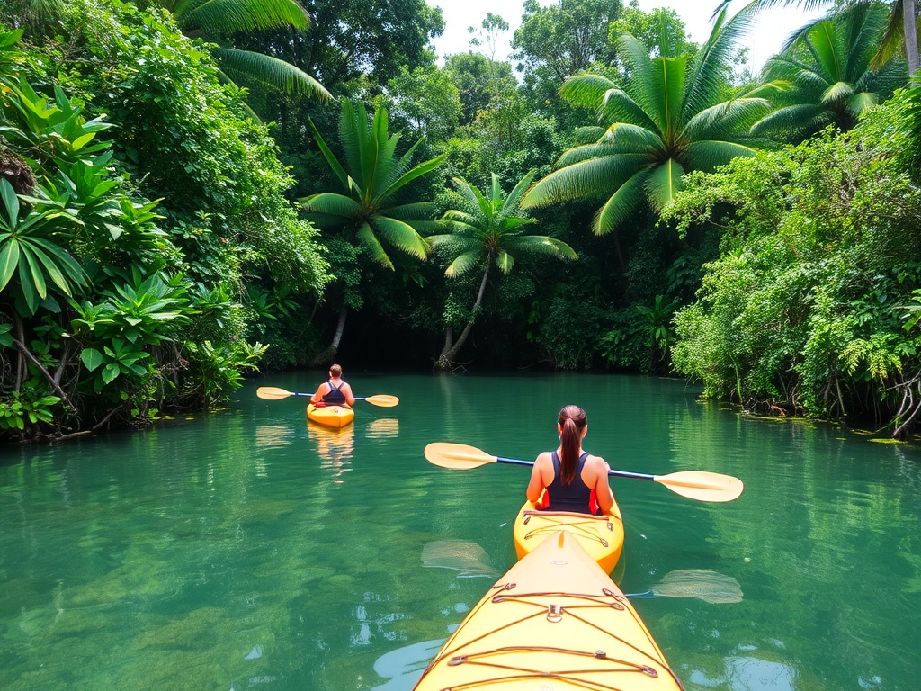 kayakers exploring a hidden lagoon lined with tropical vegetation