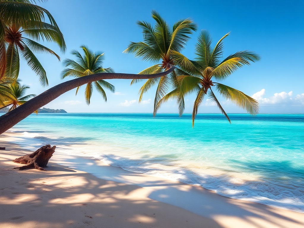 secluded tropical beach with turquoise water, palm trees leaning over golden sand, morning sun