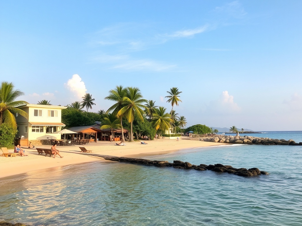 Petite Anse beach with calm waters and beachfront cafes