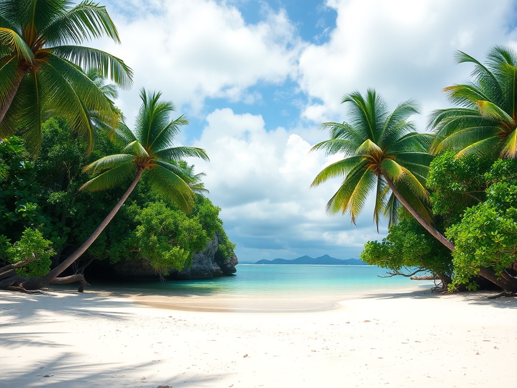 secluded Caribbean beach with turquoise water, white sand, and lush palm trees