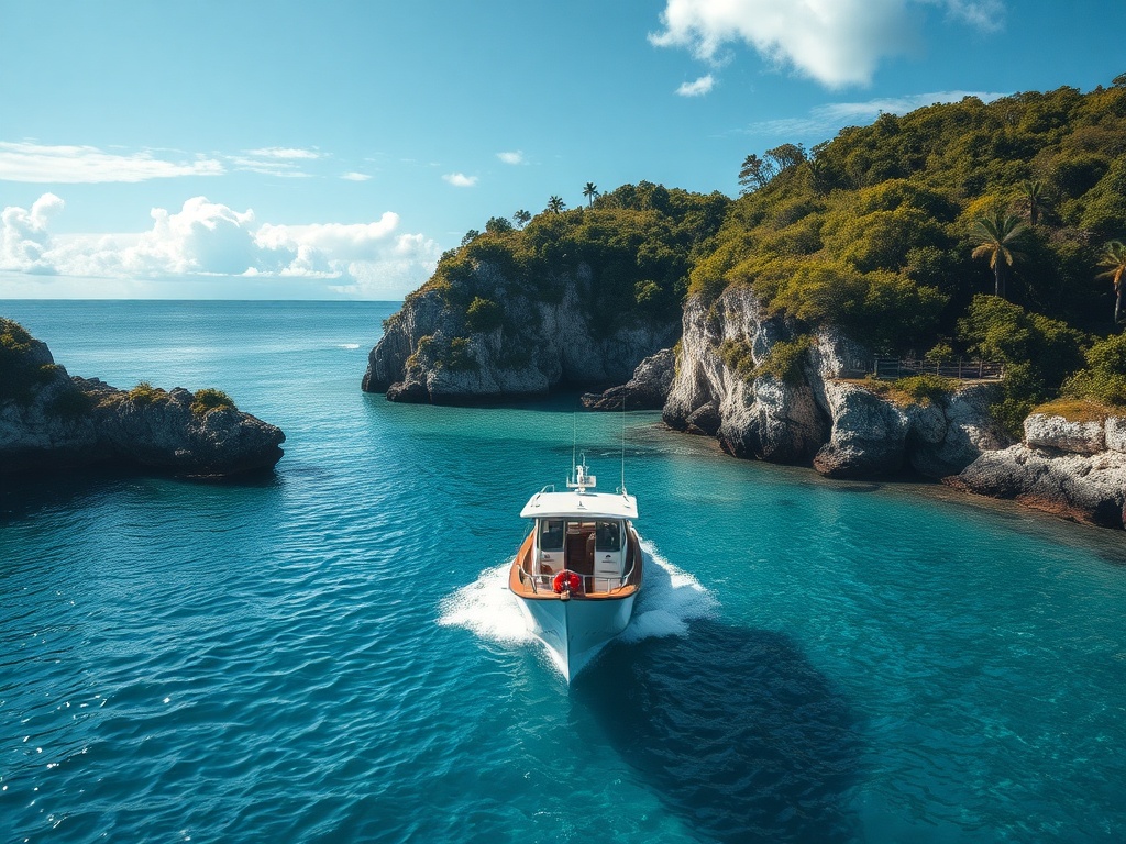 small boat approaching a hidden Caribbean cove