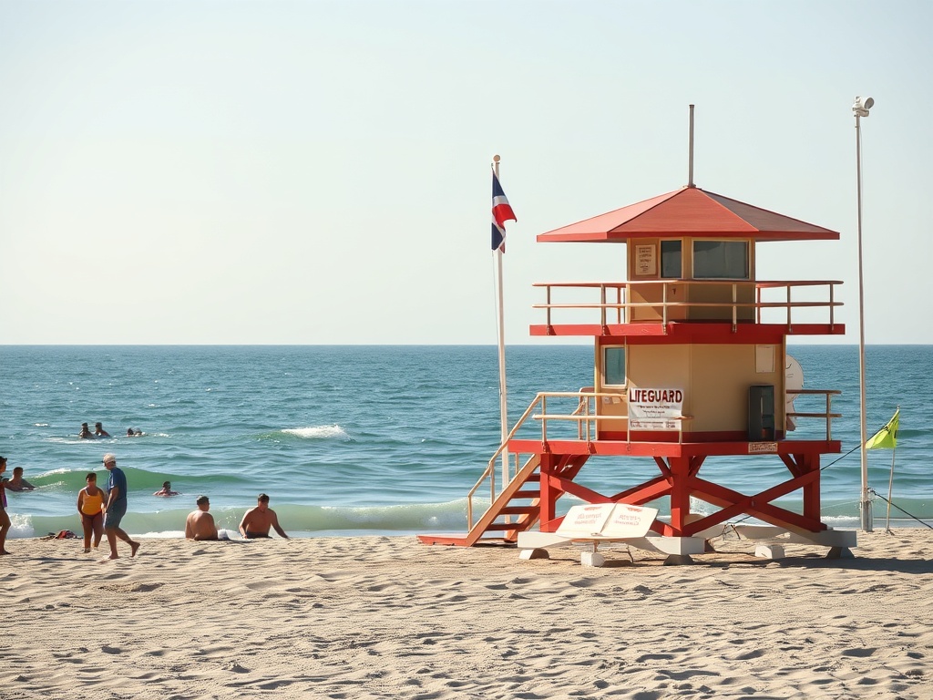 image of a lifeguard station at a beach with clear warning signs and people swimming safely