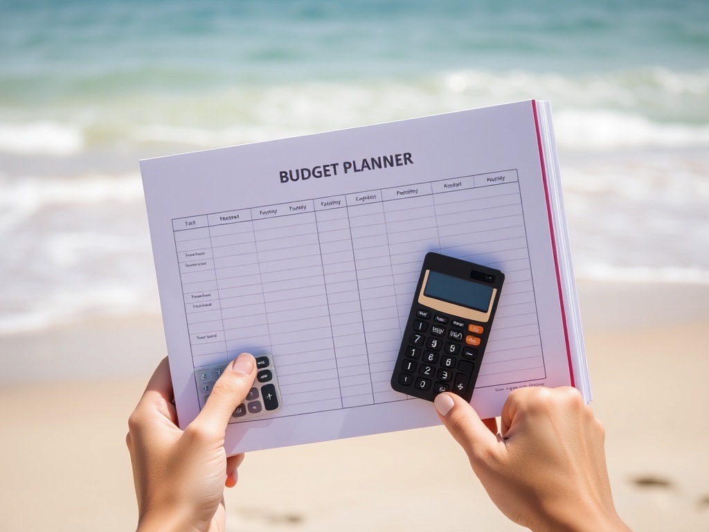 image of a person holding a budget planner with a beach backdrop, with a calculator and pen