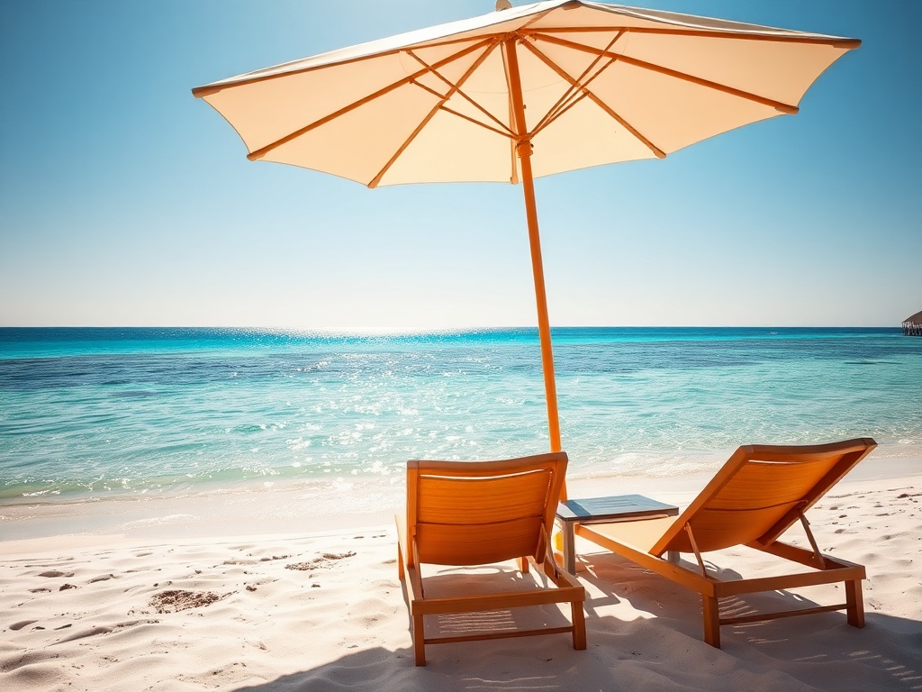 vivid description of a beach with crystal-clear water, soft white sand, and sunny skies, with a beach umbrella and lounge chairs set up in the foreground