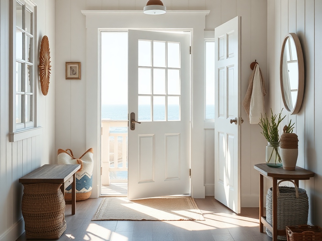 coastal home entryway with beach bag ready by door sunlight airy minimalist seaside decor