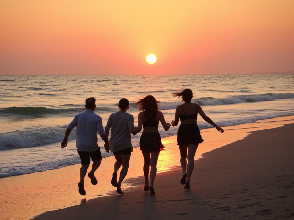 friends spontaneously running toward ocean sunset carefree beach moment warm tones cinematic