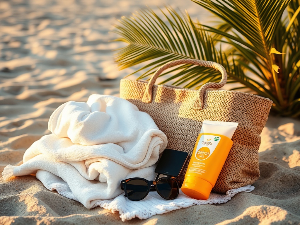 golden hour beach setup with neatly arranged beach bag essentials, soft towels, sunscreen, sunglasses, tropical vibe