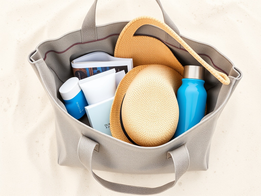 open beach tote bag with organized compartments sunscreen hat book reusable water bottle minimal aesthetic