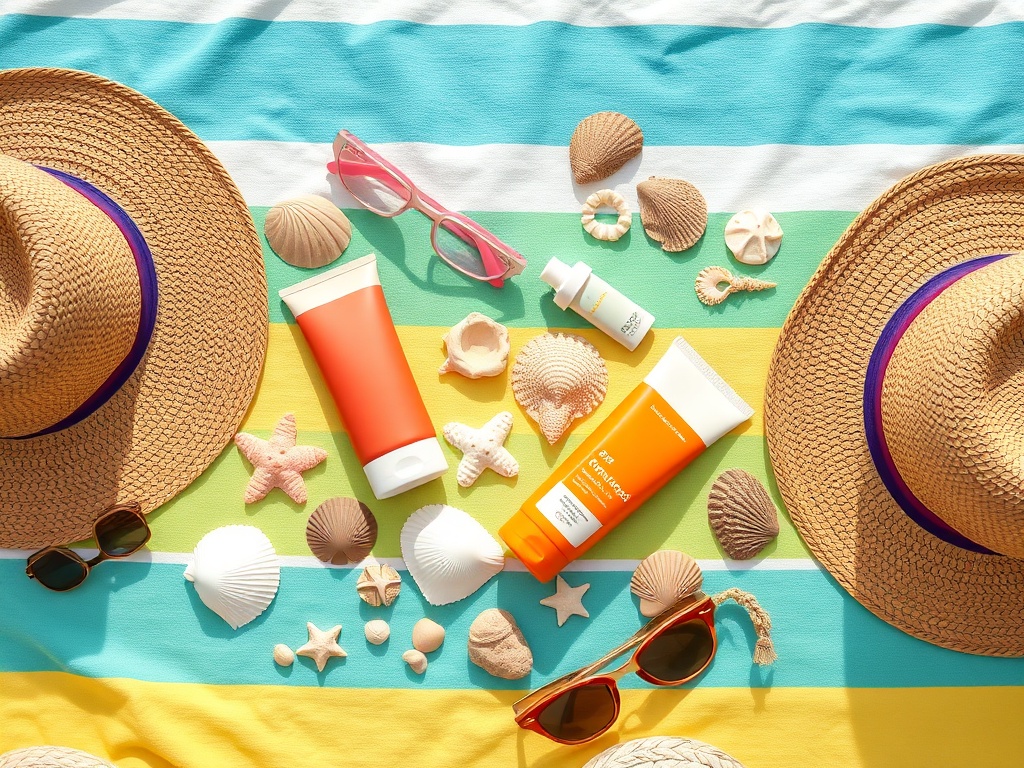 organized beach gear flat lay with tropical colors sunscreen towel hat shells aesthetic travel photography