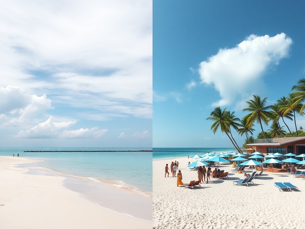 contrasting tropical beaches one quiet empty shoreline and one lively beach club with people and umbrellas