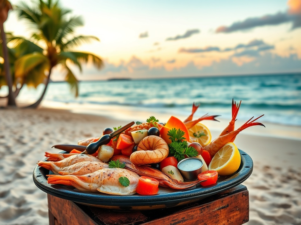 fresh tropical seafood grilled on beach with palm trees and ocean in background sunset lighting