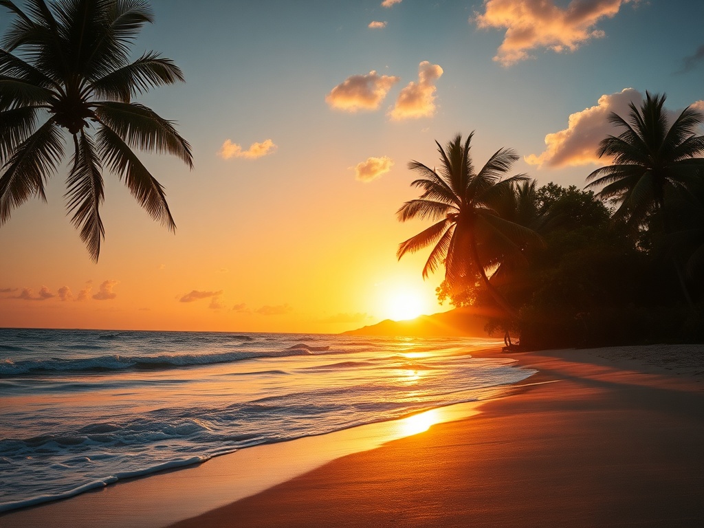 golden sunrise over a quiet tropical beach with palm trees and soft waves, cinematic lighting