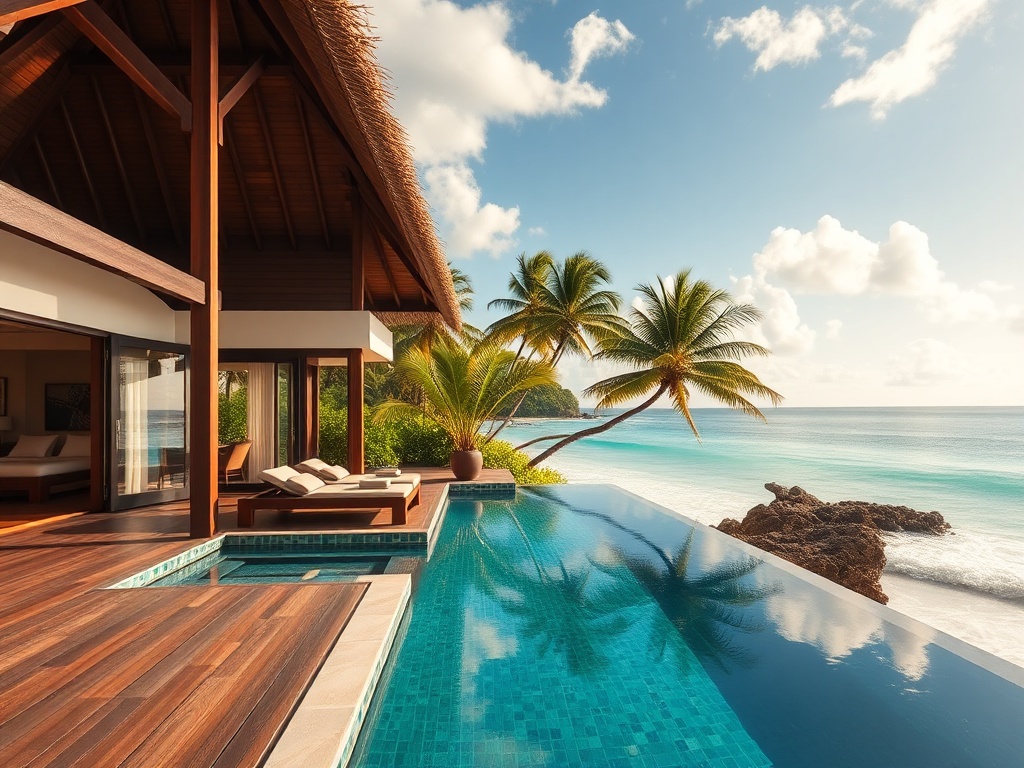 luxury tropical beachfront villa with infinity pool overlooking turquoise ocean