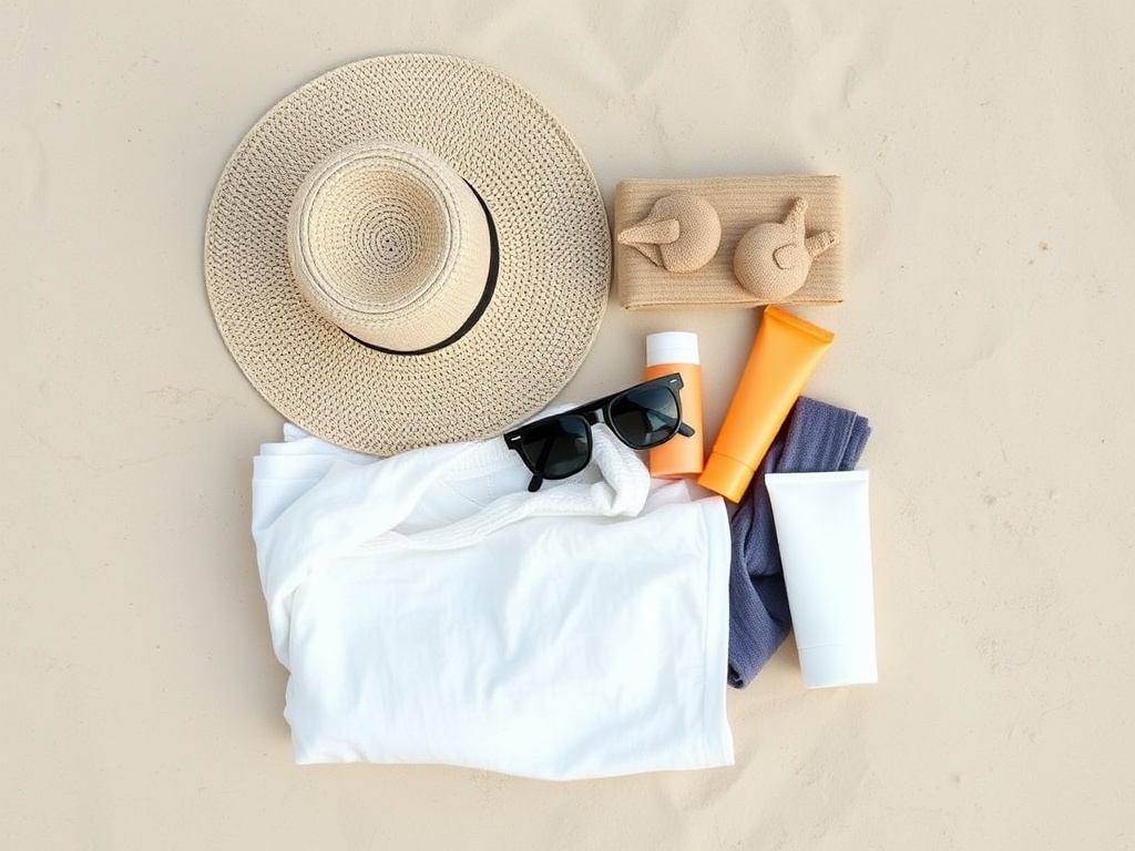 minimal beach packing layout with hat sunglasses sunscreen linen clothing neatly arranged