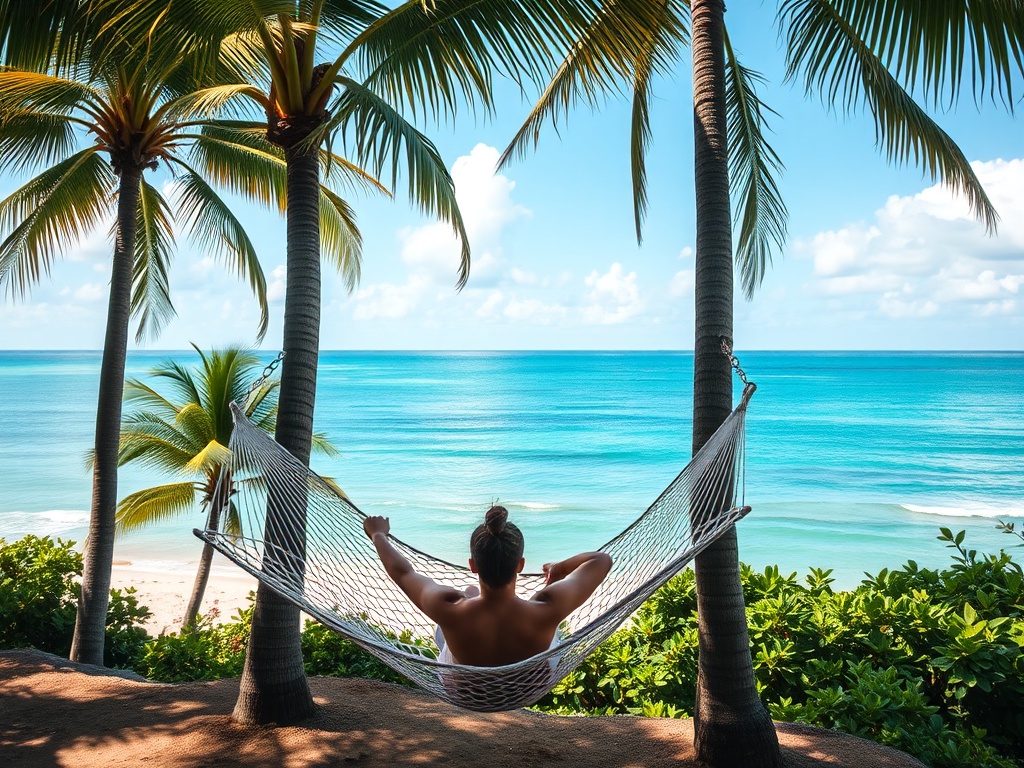 person relaxing in hammock between palm trees overlooking ocean calm tropical vibe