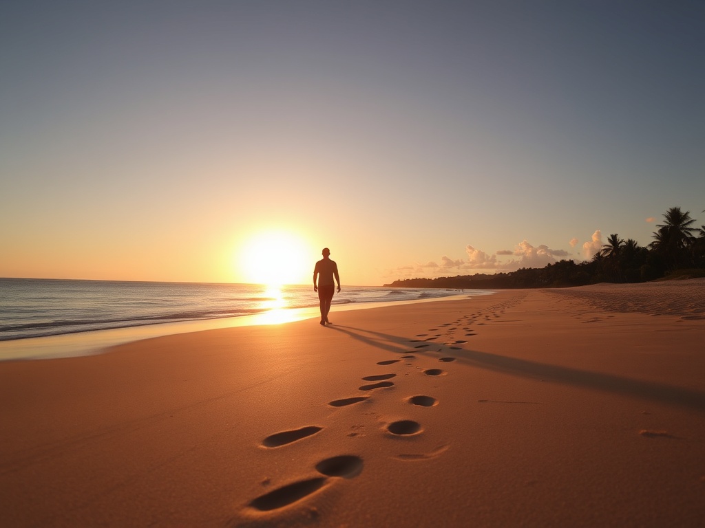 person walking along beach at sunrise footprints in sand peaceful tropical morning