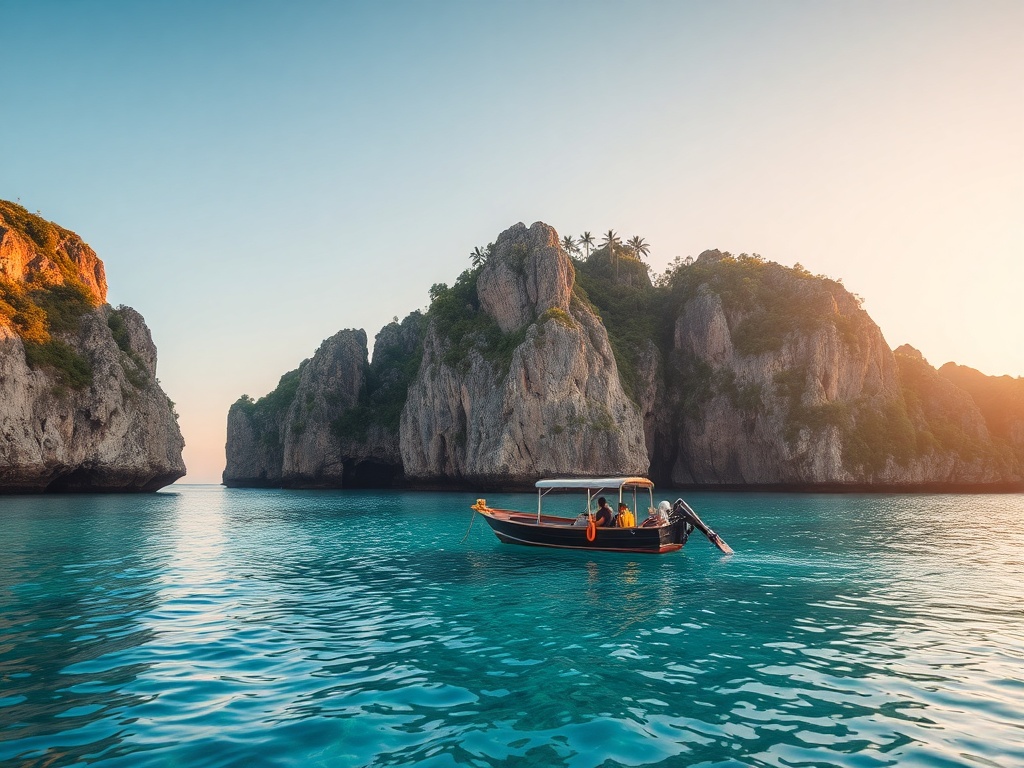small boat anchored in crystal clear tropical lagoon surrounded by cliffs and palm trees