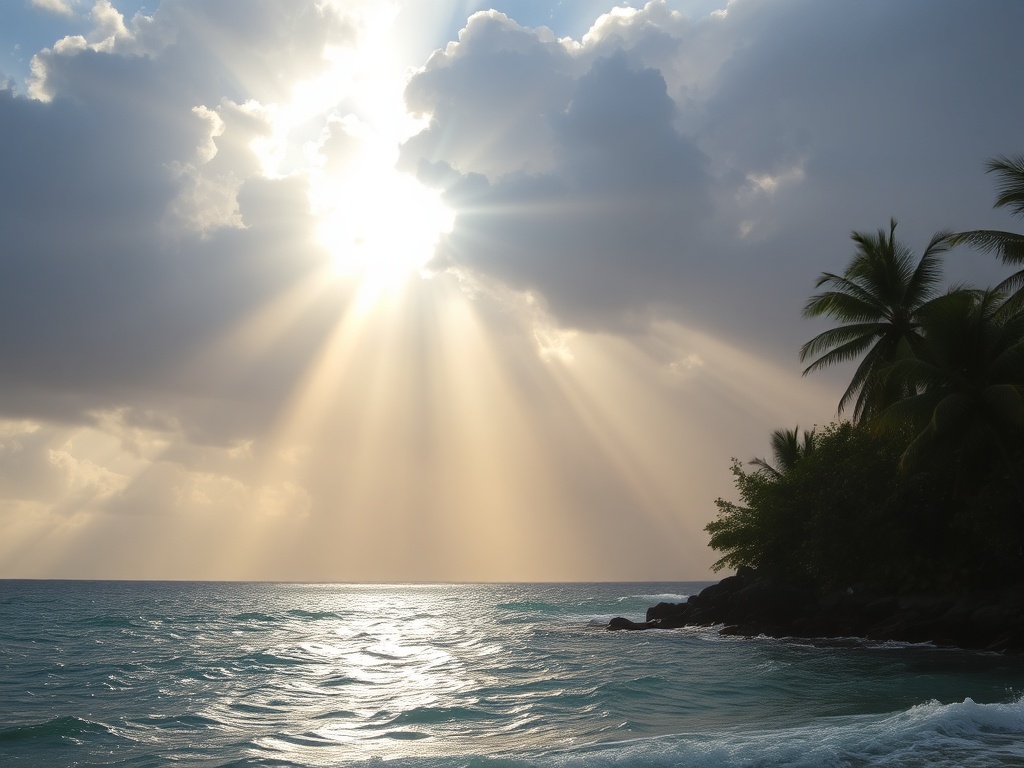tropical rain shower over ocean with sun breaking through clouds creating rainbow