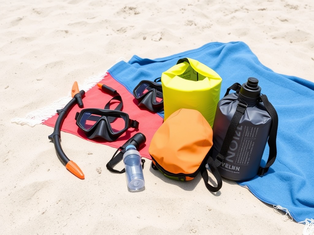 beach essentials including towel, snorkel gear, dry bag and reusable bottle arranged on sand