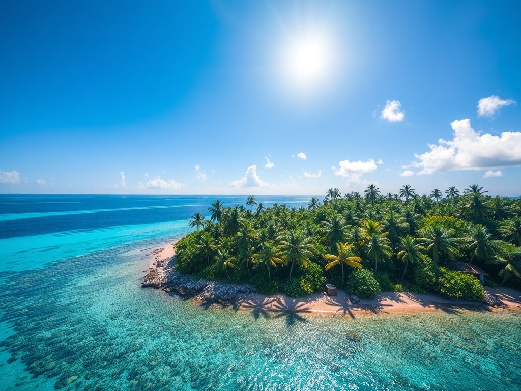 lush tropical island coastline with palm trees and clear turquoise water under bright sun