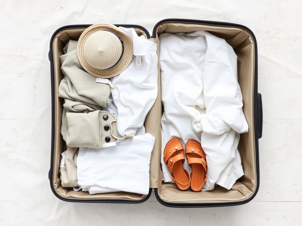minimalist beach wardrobe laid out with linen clothing, sandals, and neutral tones in a suitcase