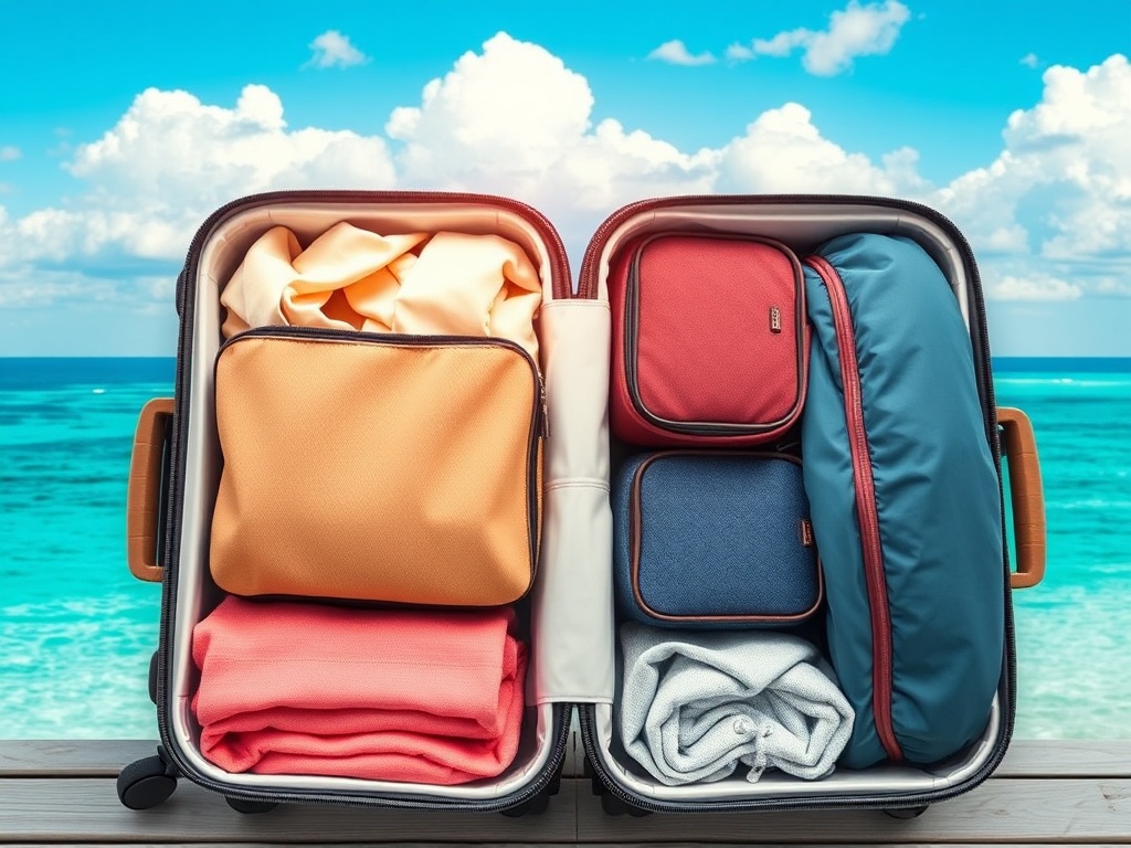 open suitcase with packing cubes neatly organizing clothes for a tropical vacation