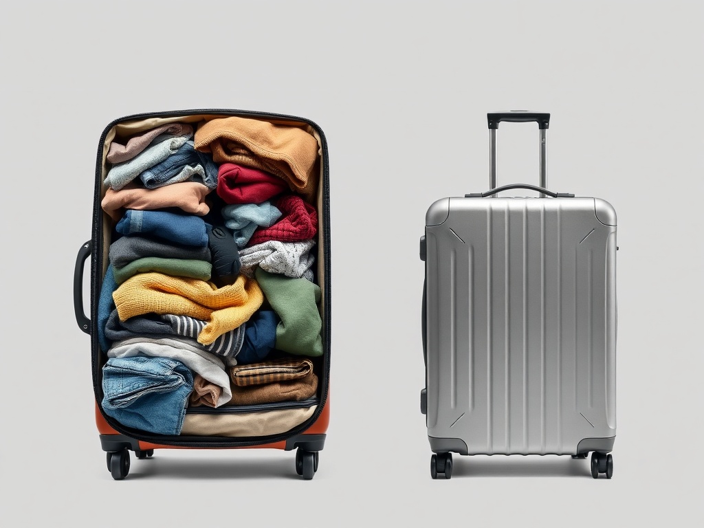 overpacked suitcase bursting with clothes contrasted with neatly packed minimalist suitcase