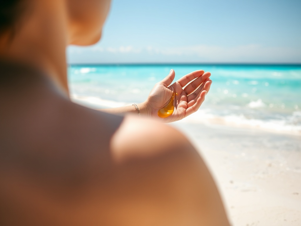 person applying sunscreen on sunny beach with turquoise ocean in background