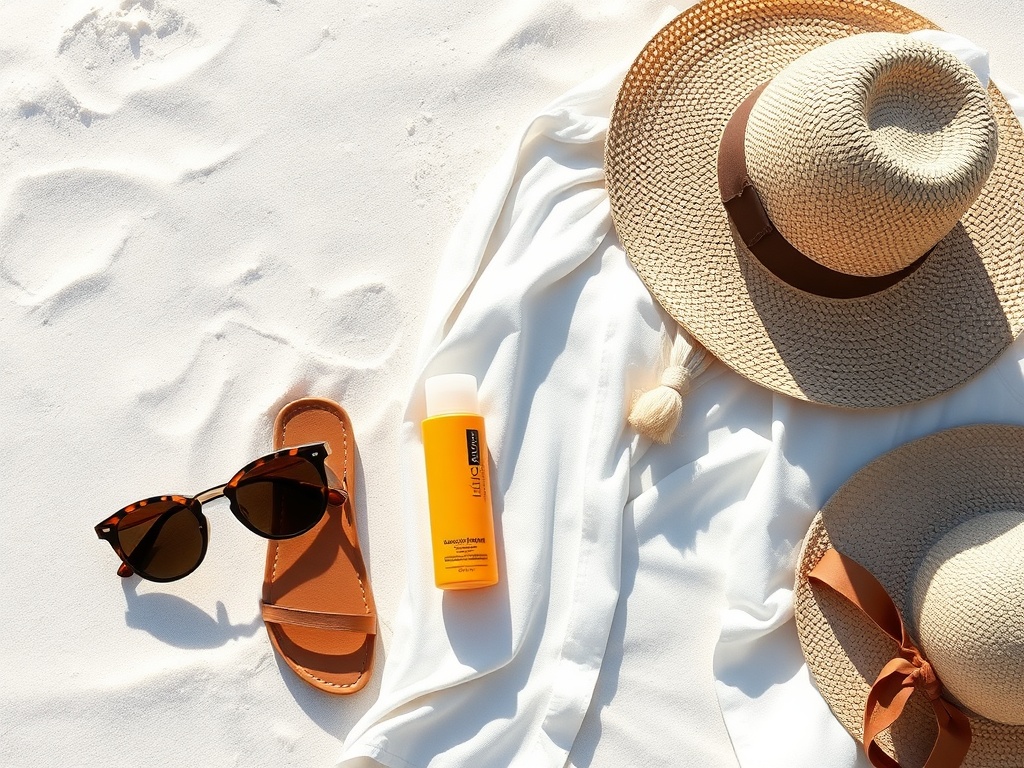 sunlit tropical beach flat lay with essentials like sunglasses, sunscreen, linen shirt, sandals, and straw hat on white sand