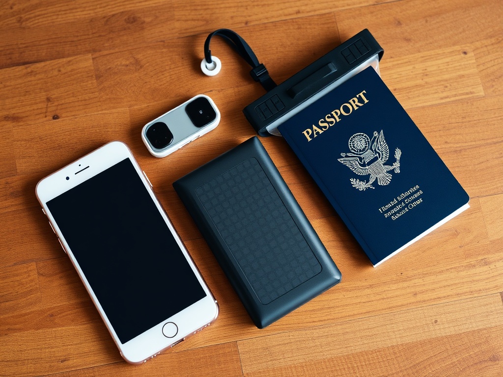 travel tech essentials including phone, power bank, passport, and waterproof pouch on wooden surface