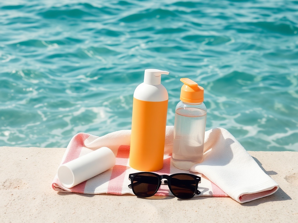 beach essentials sunscreen sunglasses water bottle towel arranged beside ocean waves clean minimal composition