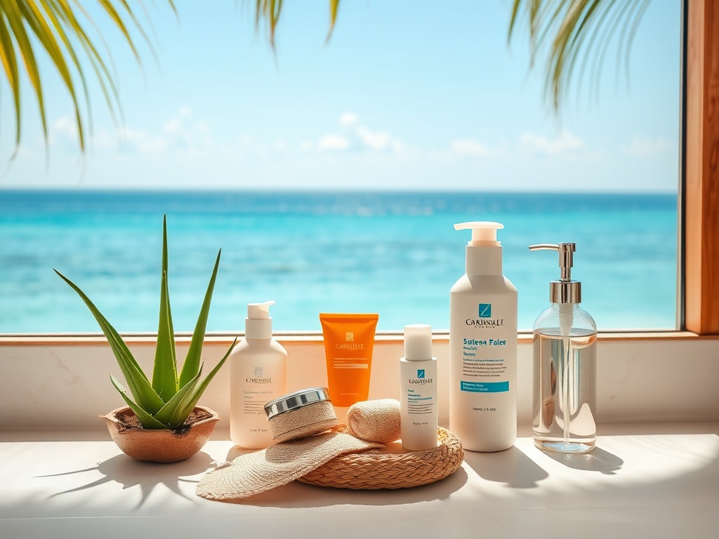 beach travel toiletries sunscreen aloe moisturizer laid out clean tropical bathroom natural light