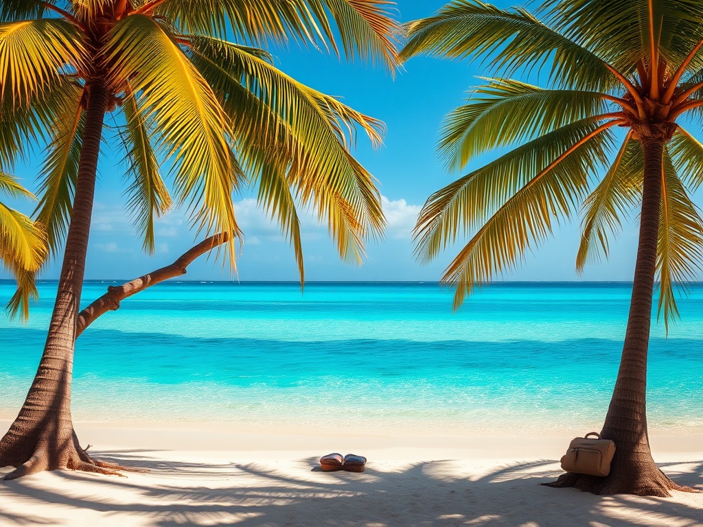 golden tropical beach with turquoise water palm trees swaying warm sunlight minimal travel gear on sand aesthetic