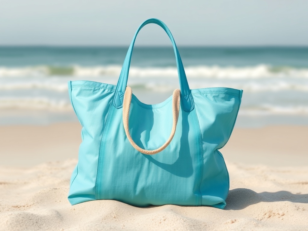 lightweight travel concept minimal beach bag with only essentials clean airy aesthetic sand and ocean