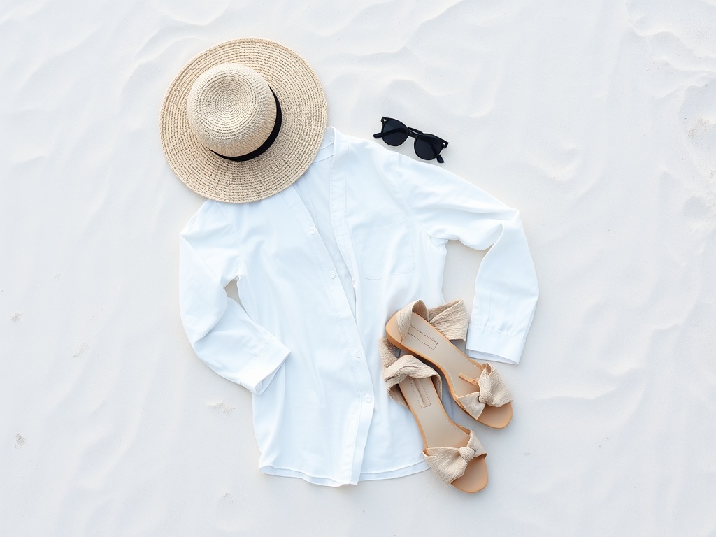 minimal beach wardrobe linen clothing straw hat sunglasses laid out neatly on white sand flat lay travel aesthetic