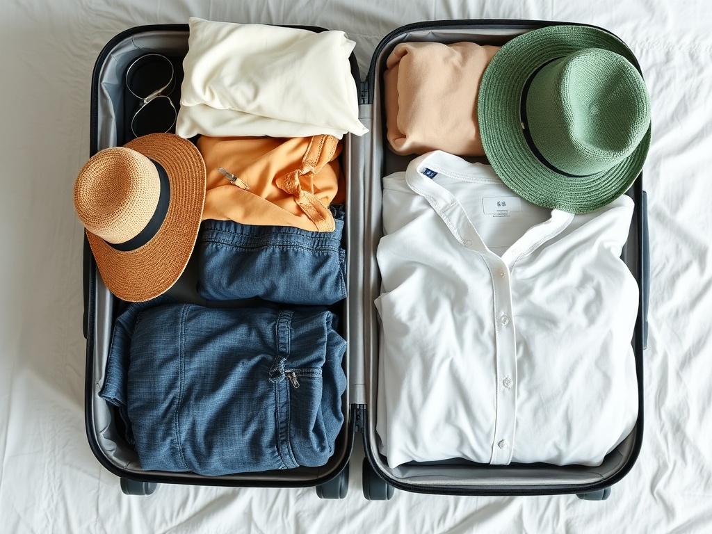 organized suitcase packing cubes beach clothing neatly arranged minimalist travel packing strategy overhead view