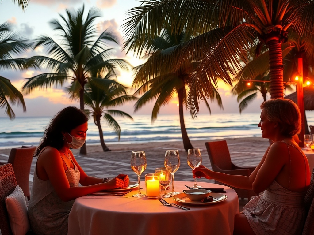 tropical beach sunset dinner setup casual elegant outfit seaside restaurant warm lighting ocean backdrop