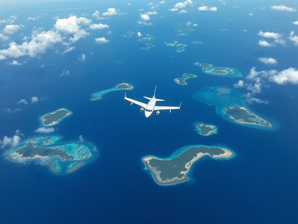 airplane flying over tropical islands, aerial ocean view, scattered islands, deep blue water