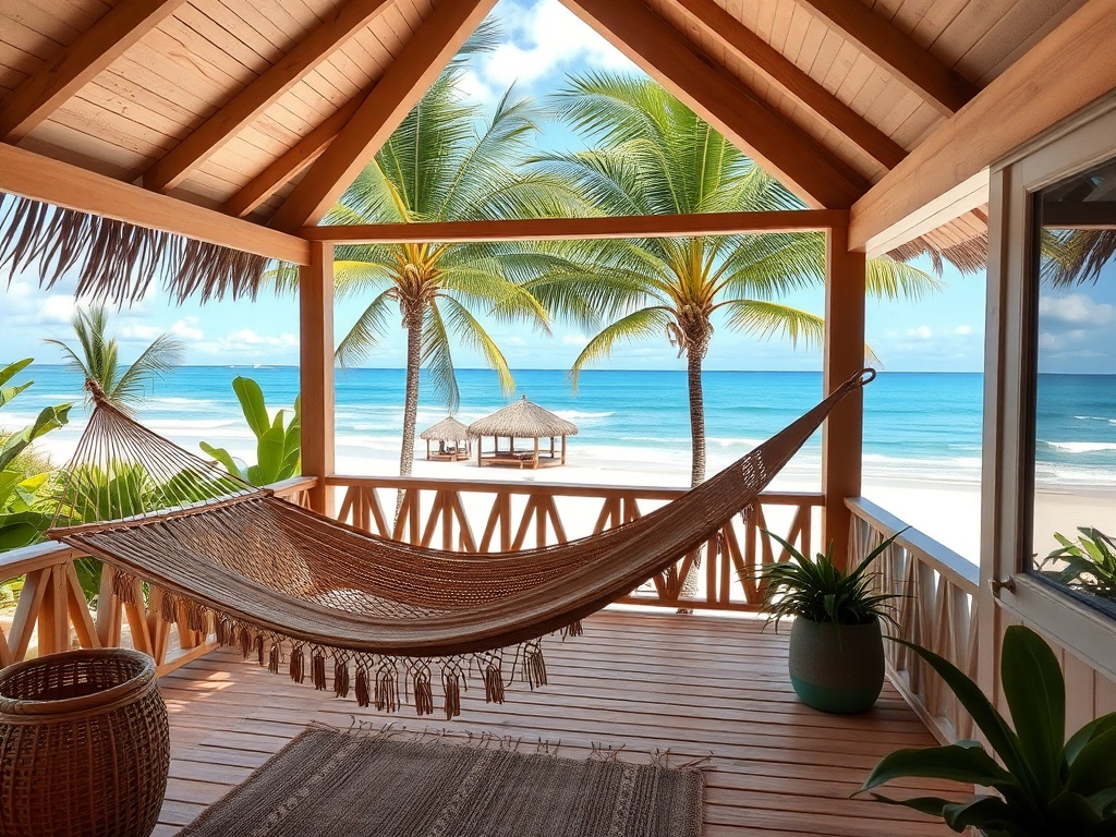 beachfront bungalow with hammock, ocean view, palm trees, cozy tropical design