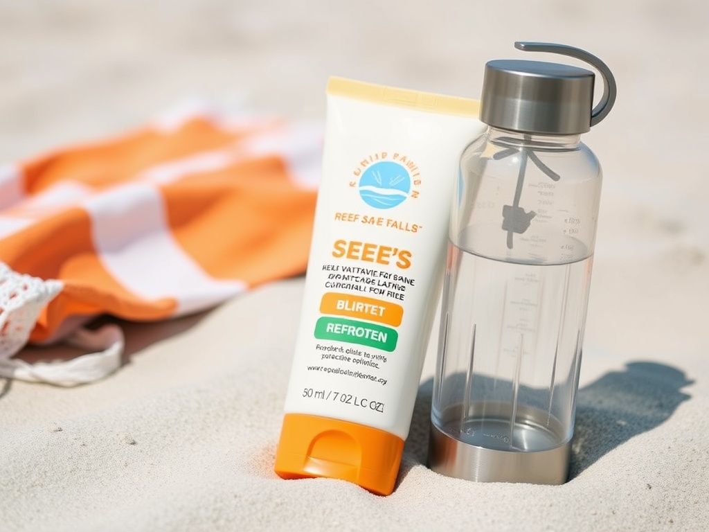 close-up of beach essentials like reef-safe sunscreen, reusable water bottle, towel on sand