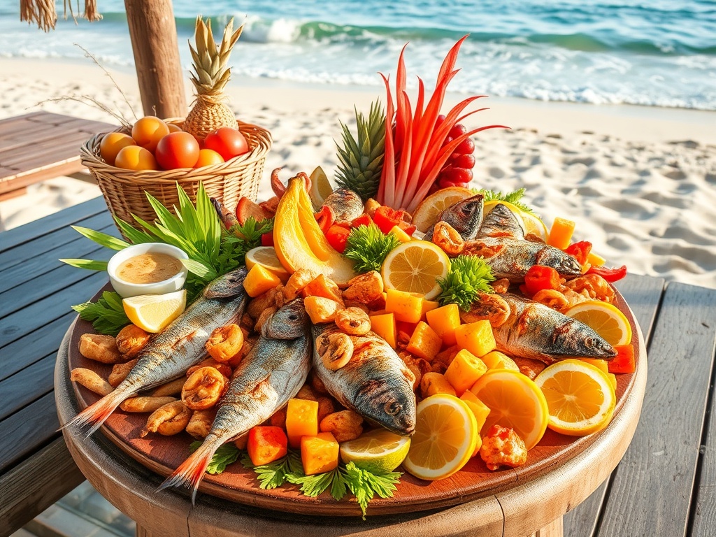 fresh tropical seafood platter on beach table, grilled fish, fruits, ocean background
