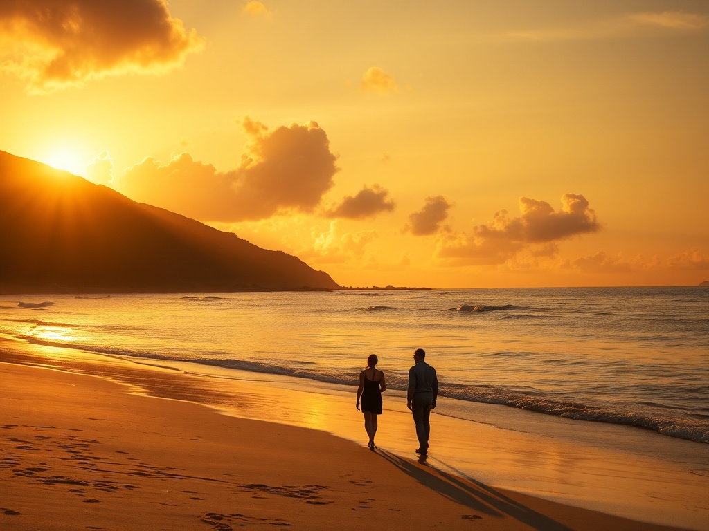 golden sunset over tropical beach with long shadows, calm ocean, couple walking, cinematic light