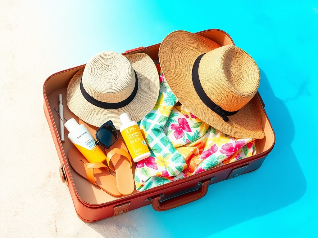 open suitcase with beach essentials, sunscreen, sunglasses, hat, flip flops, tropical clothing