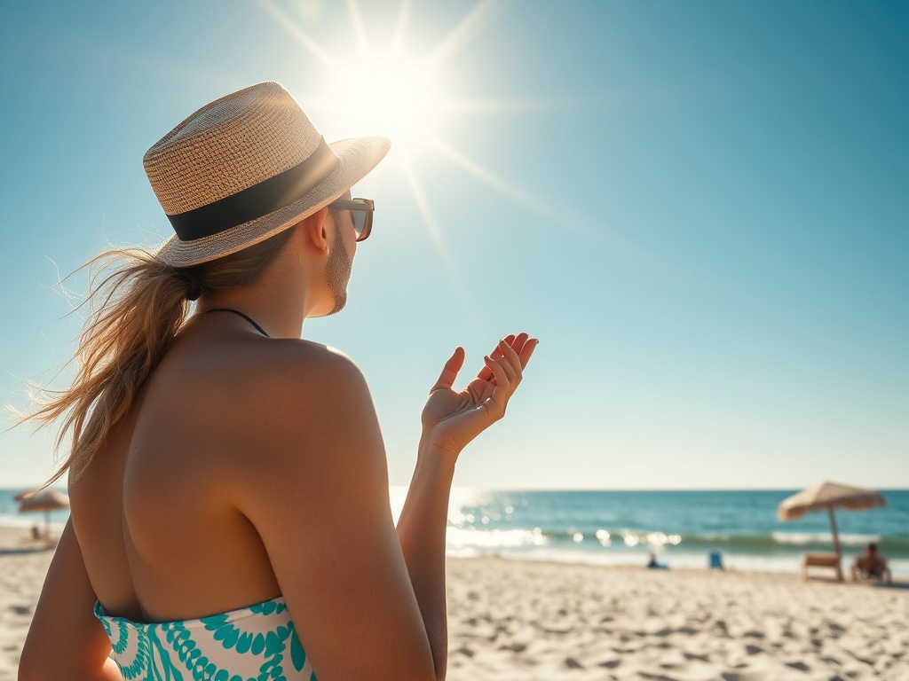 person applying sunscreen on sunny beach, bright midday sun, relaxed vibe