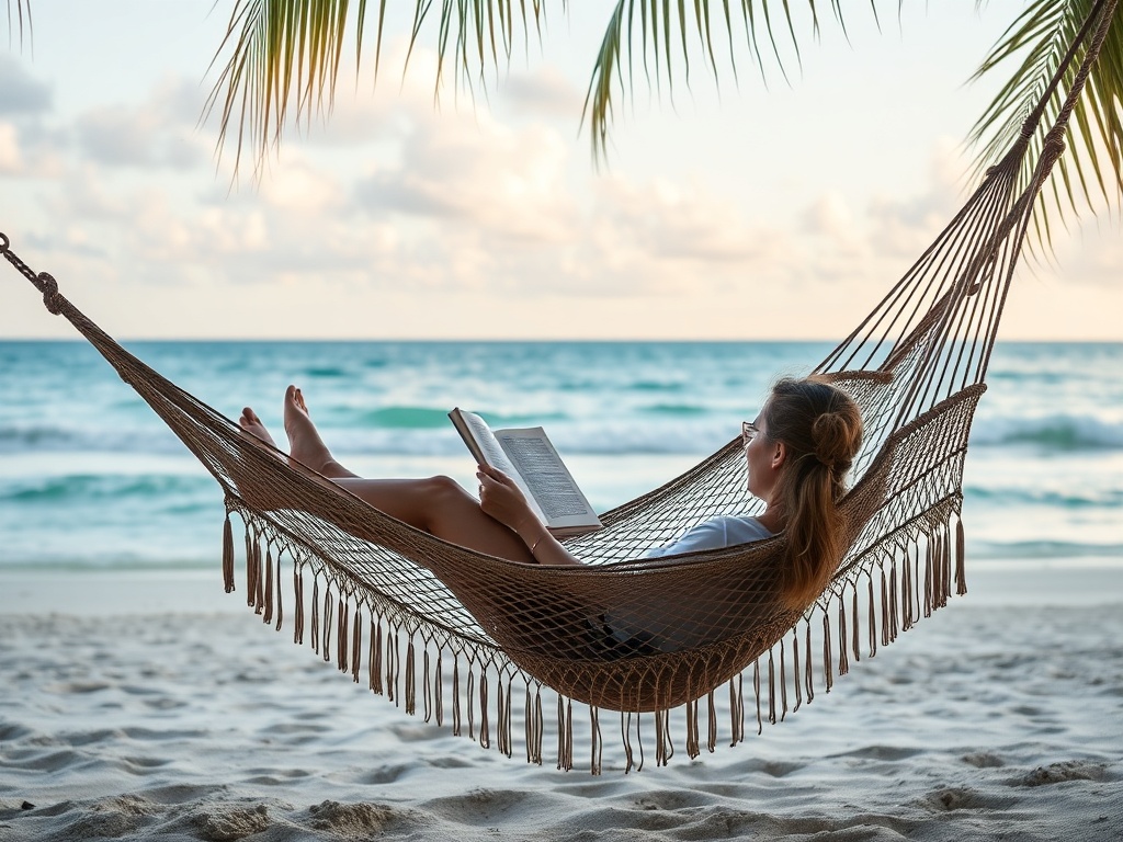 person relaxing in hammock on beach reading, ocean breeze, relaxed vacation mood