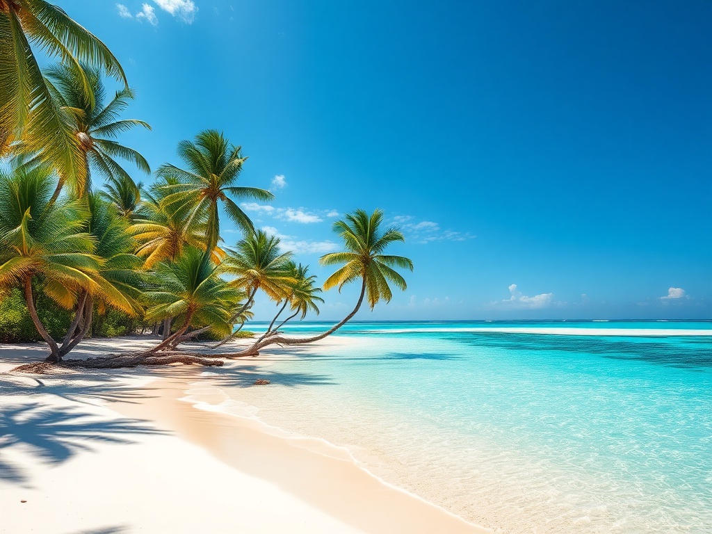 turquoise tropical beach with palm trees and clear water, white sand, dramatic sunlight, empty shoreline